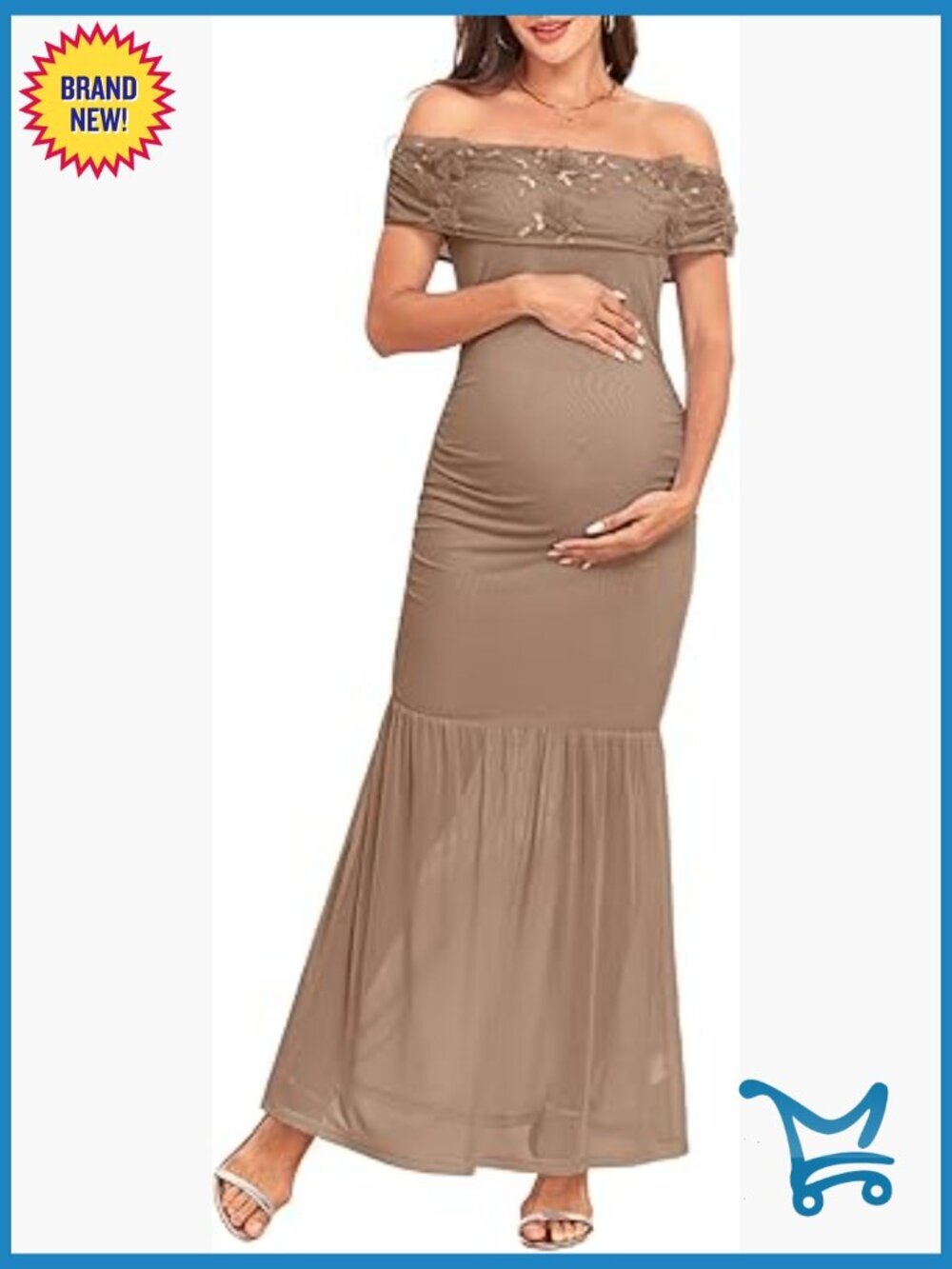 Maternity Off Shoulder Dress 3D Floral Mesh Ruched for Baby Shower Photoshoot